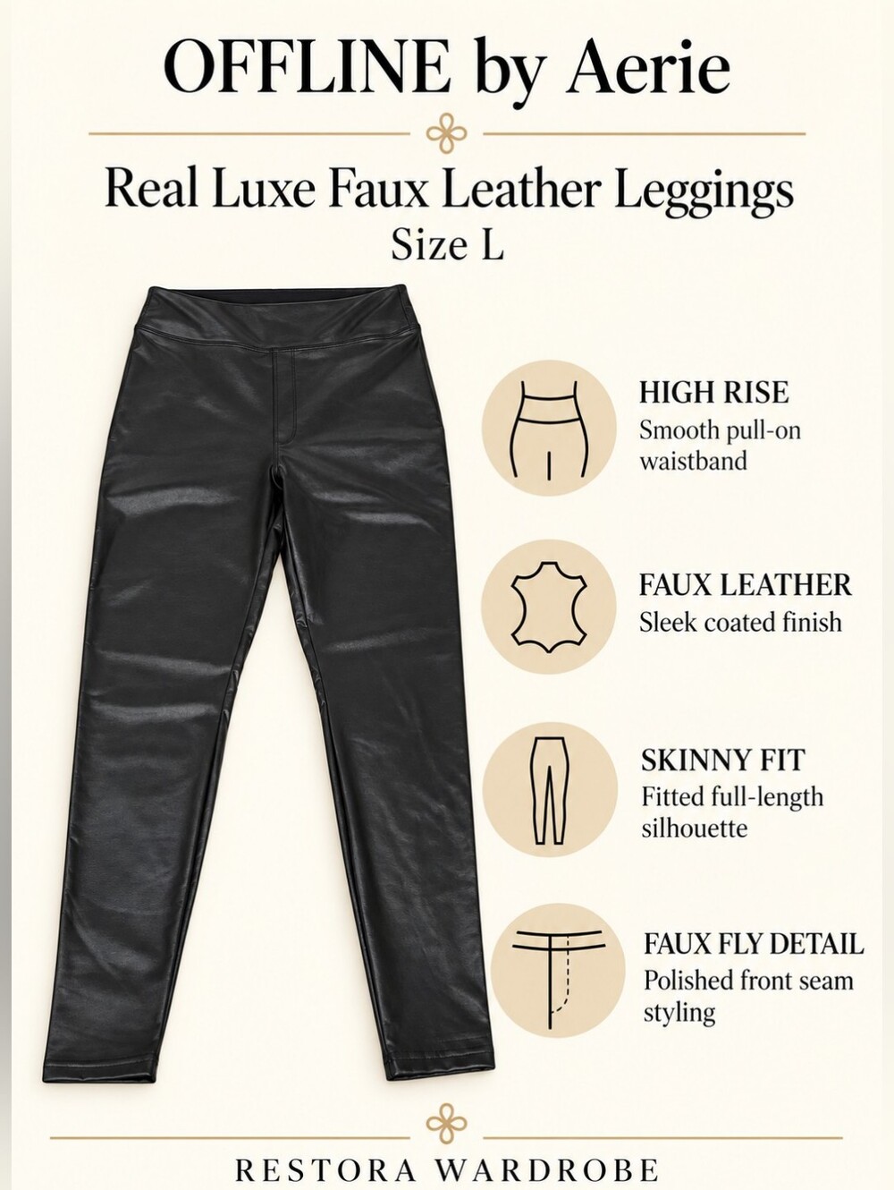 OFFLINE by Aerie Leggings Black Real Luxe Faux Leather High Rise Moto Size L